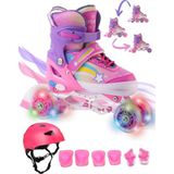 Yıldız Gökkuşağı Işıklı Kız Çocuk Pateni Kask ve Dizlik Seti Silikon Teker Ayarlanabilir Taşıma - Pembe - 34 - 37
