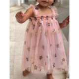 Yıldız Payetli Somonumsu Pembe Askılı Kız Çocuk Doğumgünü Elbisesi - Somon - Pembe - 3 - 5 Yaş