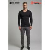 Yıldız Premium Erkek Siyah Pamuklu Likralı İnce V Yaka Uzun Kollu Body/Sweat T-Shirt