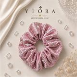 Yiora Özel Seri Taş Detaylı Işıltılı 1.kalite Saten Kumaş Pastel Ton Scrunchie Simit Lastik Toka - Pembe