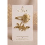 yiora Premium Seri 2Li Kadın Yan Toka Deniz Kabuğu İnci Detaylı Parlak Altın/Gold Renk Yan Toka 6-7 cm