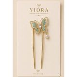 yiora Premium Seri Altın Gold Metal Gövde Kelebek ve Sarkıt İnci Detaylı Fransız U Topuz Tokası 13cm