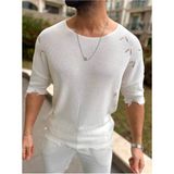 Yırtık Detaylı Tişört Lazer Kesim Tshirt Oversize Salaş Bisiklet Yaka Tişört - Beyaz