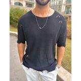 Yırtık Detaylı Tişört Lazer Kesim Tshirt Oversize Salaş Bisiklet Yaka Tişört - Siyah