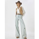 Yırtık Kot Pantolon Düşük Bel Düğmeli Bol Paça Pamuklu - Loose Straight Fit Jean
