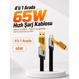 YK Design 65W Hızlı Şarj Kablosu 4in1 - Type-C To USB - Type-C To Lightning 27W Pd Destekli - iPhone Android MacBook Uyumlu - Gri - Siyah