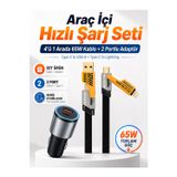 Yk Design Araç Hızlı Şarj Seti - Type-C + Usb 2 Port Hızlı Şarj Adaptörü - 65W Hızlı Şarj Kablosu 4İn1 - Uzun Yolda Şarjın Bitmesin - İphone Android Tüm Telefonlar & Cihazlar Uyumlu