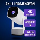 YKK Store K2 Android Sistemli Projektör | 4K Destekli, 1080P Hd, Taşınabilir ve Bataryalı Projeksiyon Cihazı - Beyaz