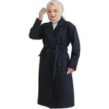 YM PAZARLAMA Kadın Kaşe Kaban Uzun Boy Kruvaze Yaka Kuşaklı Tesettür Kaşe Kaban Astarlı - Lacivert