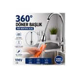 YMV 360 Derece Döner Mutfak Musluk Başlığı Esnek Turbo Flex Basınçlı Tasarruflu 2 Fonksiyonlu Lavabo Ucu