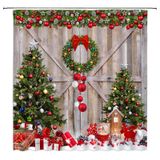 YNFUQANLN Rustik Noel Duş Perdesi Kış Mutlu Noeller Ağacı Top Ahşap Ahır Kapısı Çiftlik Evi Ülke Vintage 177,8 cm G x 180 Y Kumaş Banyo Dekor Perde Kancalı