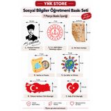 YnkStore Sosyal Bilgiler Öğretmeni Önlüğü 7 Parça Baskı Seti – Atatürk, Piri Reis, Türkiye Haritası, Dünya ve Pusula
