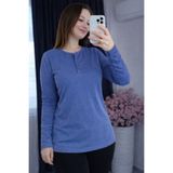 YNS BOUTİQUE yeni - Yns - Kadın Pamuklu Ribana%100 T-shırt Bluz Uzun Kollu Mavi İNDİGO XXLSTD