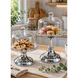 YNSK Chacha Home Metal Ayaklı Cam Kapaklı Sunumluk Silver - Lüks Pasta,kek,kurabiye,şeker Ikramlık Fanus - 2'li Set