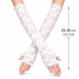 YNT İthalat SM-SMRG082-B Uzun Zarif Dantel Eldiven Parmaksız Beyaz 35 Cm