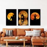 Yoga Temalı 3’lü Tablo Seti – Ay ve Meditasyon Silüeti – 35x55 cm Kanvas Duvar Tablosu – Modern Dekorasyon