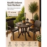 Yognetic Rattan Bahçe & Balkon Masa Sandalye Seti | 80 cm Yuvarlak Masa + 2 Sandalye - Koyu Kahverengi