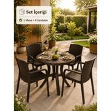 Yognetic Rattan Bahçe & Balkon Masa Sandalye Seti | 80 cm Yuvarlak Masa + 4 Sandalye - Koyu Kahverengi