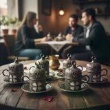 Yonca Desenli 6 Kişilik Porselenli Kapaklı 24 Parça Kalay Renk Fincan Seti