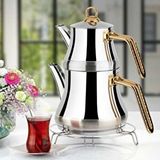 Yonca Lines L-3089 Naz Mini Boy Çelik Çaydanlık Takımı Altın Desenli Kulp