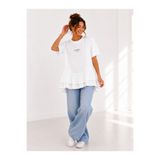 YONCA OUTLET Kadın Beyaz Bisiklet Yaka Kısa Kollu Yazı Baskılı Kat Kat Fırfırlı Oversize Tunik Tişört (M3)