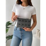 Yonca Outlet Kadın Siyah Beyaz Geometrik Desenli Clutch Çanta El ve Kol Çantası Şık Portföy Çanta - Siyah - Beyaz