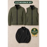 YONEZ MODA 3’lü Erkek Mevsimlik Kombin Paketi – Kapitone Ceket + Kapitone Yelek + Selanik Kazak Hediye