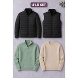 YONEZ MODA 4’lü Erkek Kışlık Set – 1 Şişme Ceket + 1 Yelek + 2 Triko Kazak