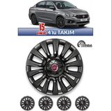 Yonga Oto Aksesuar Fiat Egea 15 Inç Jant Kapağı 4'lü Set Piano Black + 4 Amblem + 8 Cırt Kelepçe - Parlak Siyah
