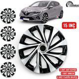YONGA OTO AKSESUAR Renault Clio 15 İnç Jant Kapağı 4'lü Set Siyah Gümüş + 4 Amblem + 8 Cırt Kelepçe - 15 inç - 01 - Siyah - Gri