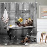 Yookeb Ayı Komik Banyo Duş Perdesi 160 W x 171 cm Çiftlik Evi Ahşap Ahşap Vintage Rustik Çiftlik Evi Kabin Hayvan Polyester Kumaş 12 Plastik Kanca Su Geçirmez Dekor
