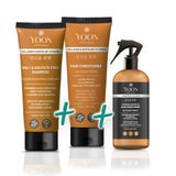 YOON 3'lü Vegan Tuzsuz Şampuan 250ml, Saç Bakım Kremi 200ml, Saç Bakım Spreyi 250ml Nemlendirici, Elektriklenme Karşıtı, Kolay Tarama ve Canladırıcı 3'lü Saç Bakım Seti