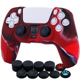 YoRHa Silicone Cover Skin Case for PS5 Dualsense Controller x 1(Camouflage Red) with Thumb Grips x 10