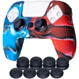 YoRHa Studded Silicone Cover Skin Case for PS5 Dualsense Controller x 1(Camou Red&Blue) with Pro Thumb Grips x 8