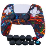 YoRHa Water Transfer Printing Silicone Thickened Cover Skin Case for PS5 Controller x 1(Night Beam) with Thumb Grips x 10
