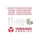yorulmaz ambalaj 100 Adet Kullan At Toplu Yemek Seti 5 Gözlü Köpük Tabak, Çatal, Kaşık, Karton Bardak