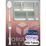 Yorulmaz Ambalaj 🍽️ 100 Kişilik Kullan At Yemek Takımı Seti Çatal + Kaşık + 5 Bölmeli Köpük Tabak – Toplu Davetler Için Pratik Çözüm!