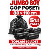 Yorulmaz Ambalaj 🗑️ 80X110 cm Jumbo Boy Çöp Poşeti 5’li Paket – Toplam 50 Adet, 2000 gr - 10 x 15 cm