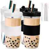 Youeon 4'lü Paket 24 oz Kapaklı ve Pipetli Yeniden Kullanılabilir Boba Kupası, Buzlu Kahve Fincanları Cam Smoothie Bardakları, Silikon Kılıflı Kabarcık Çay Bardakları Mason Kavanoz Bardakları, BPA
