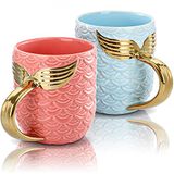 Youeon Altın Kuyruk Saplı 2'li Paket 15oz Denizkızı Kupalar, Hediye Kutulu Sevimli Kahve Kupaları, Seramik Kupa Seti, Büyük Çay Kupası, Erkekler, Kadınlar, Çocuklar, Doğum Günü Gelin Duş Düğün için