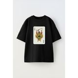 Youwinner Iskambil Kagıdı Tasarım Baskılı Pamuk Sıyah Oversize T-Shirt - Siyah