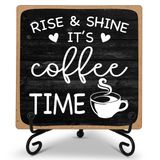 YQV Farmhouse Coffee Bar Tabelası, Rise & Shine It's Coffee Time, 10,16 cm x 10,16 cm Ahşap Plaket, Standlı Ev Mutfak Masa Üstü Dekor -B09