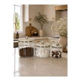 YS COLLECTION YŞ Home - 3’lü Çizgili Cam Saklama Kavanozu Krem Plastik Kapaklı Dekoratif Mutfak Organizeri | Kahve Çay Baharat Bakliyat Saklama Seti (1100 ml) (850 ml) (320 ml)