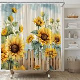 YSATNSFT Rustik Ayçiçeği Duş Perdesi Çiftlik Evi Sarı Çiçek Vintage Ahşap Çit Botanik Bitki Batı Ülke Kumaş Banyo Dekor Seti Kancalı, (177 cm WX70 Y)