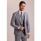 YSF Erkek Gri Bej Slim Fit Sivri Yaka Yelekli Yün Takım Elbise