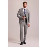 Ysf Erkek Gri Krem Slim Fit Sivri Yaka Yelekli Yün Kareli Takım Elbise - 6 Drop - 50 / 6