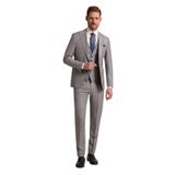 YSF Erkek Gri Krem Slim Fit Sivri Yaka Yelekli Yün Kareli Takım Elbise