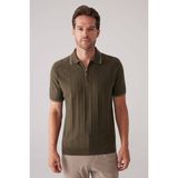 Ysf Erkek Haki Yeşil Slim Fit Kaşmir Karışımlı Fermuarlı Polo Yaka Tişört - XL