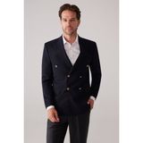 Ysf Erkek Koyu Lacivert Slim Fit Yün Puntolu Kruvaze Blazer Ceket - 50 / 6
