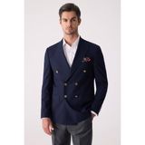 Ysf Erkek Lacivert Regular Fit Yün Puntolu Kruvaze Blazer Ceket